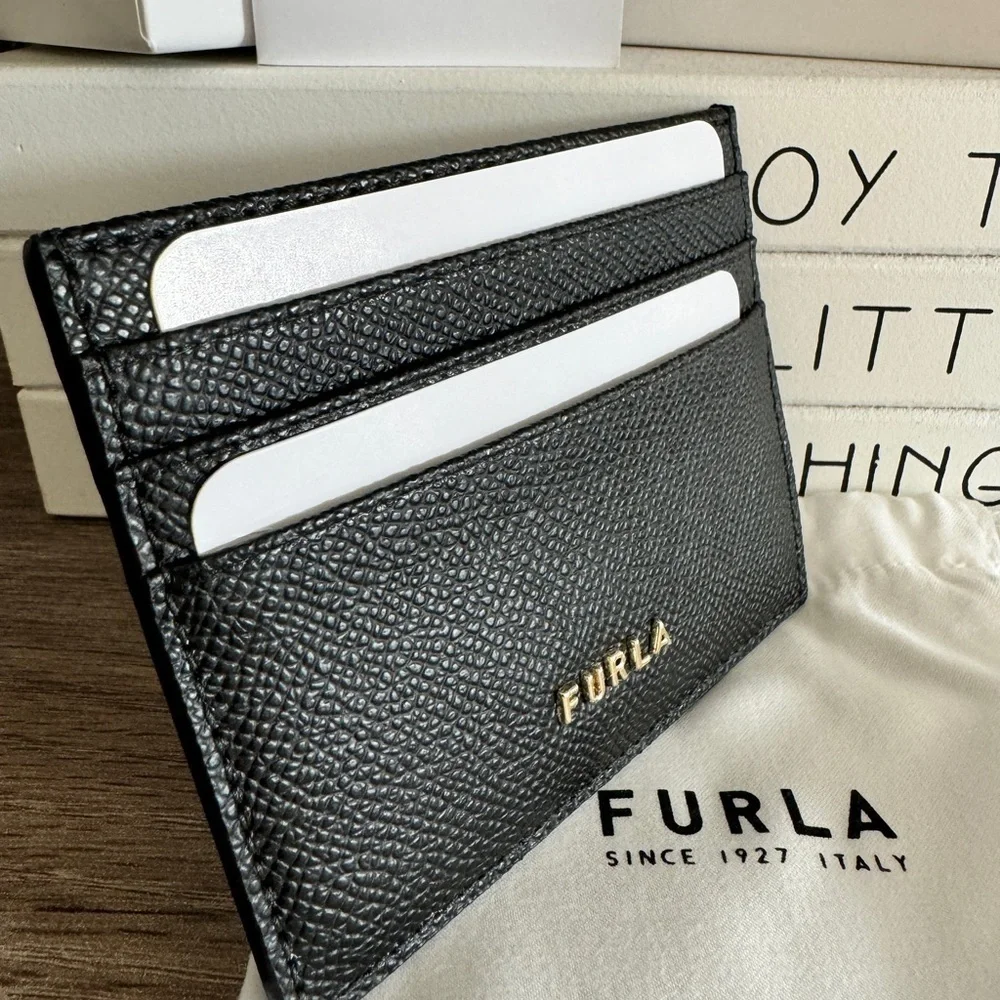 Furla Black Leather Credit Card Holder Wallet New Authentic